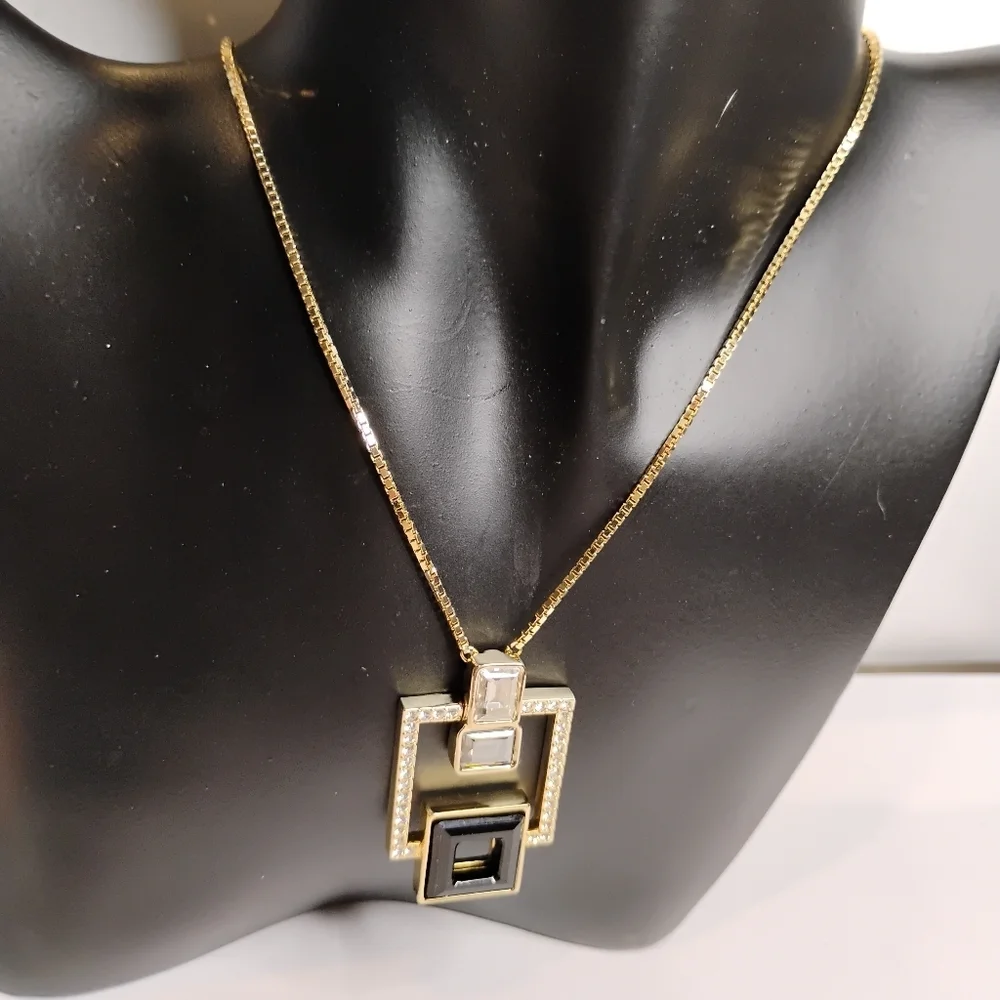 Signed Art Deco Swarovski Gold Tone Harpers‎ Pendant Necklace